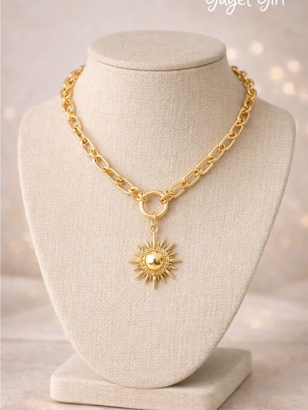 Gold Sunburst Pendant Chain Necklace - 18K Gold Tone